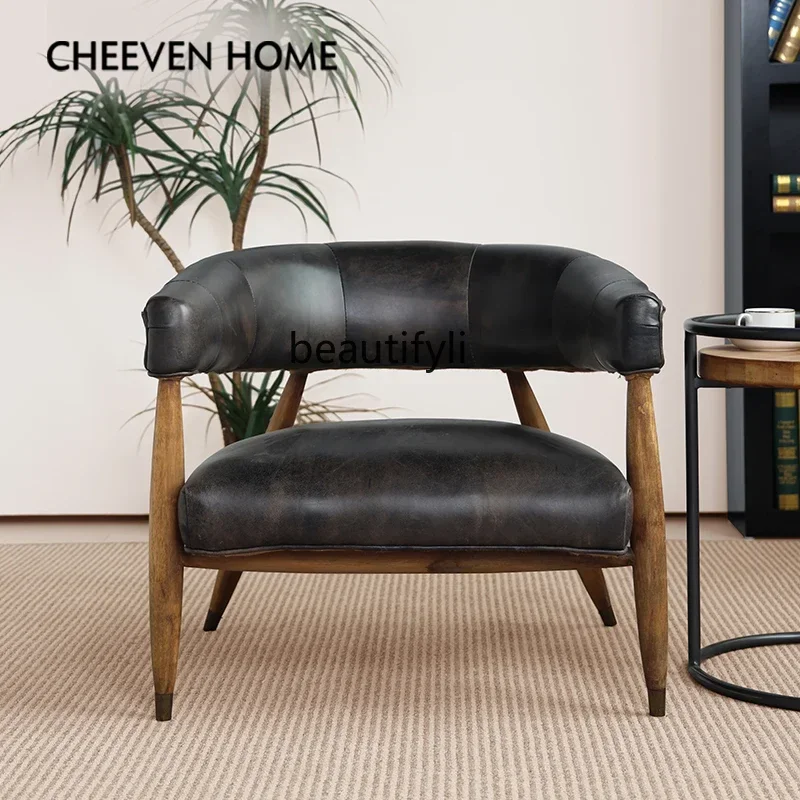 NQ52 Great discounts Retro solid wood sofa chair top layer cowhide casual single chair living room oil wax leather recliner