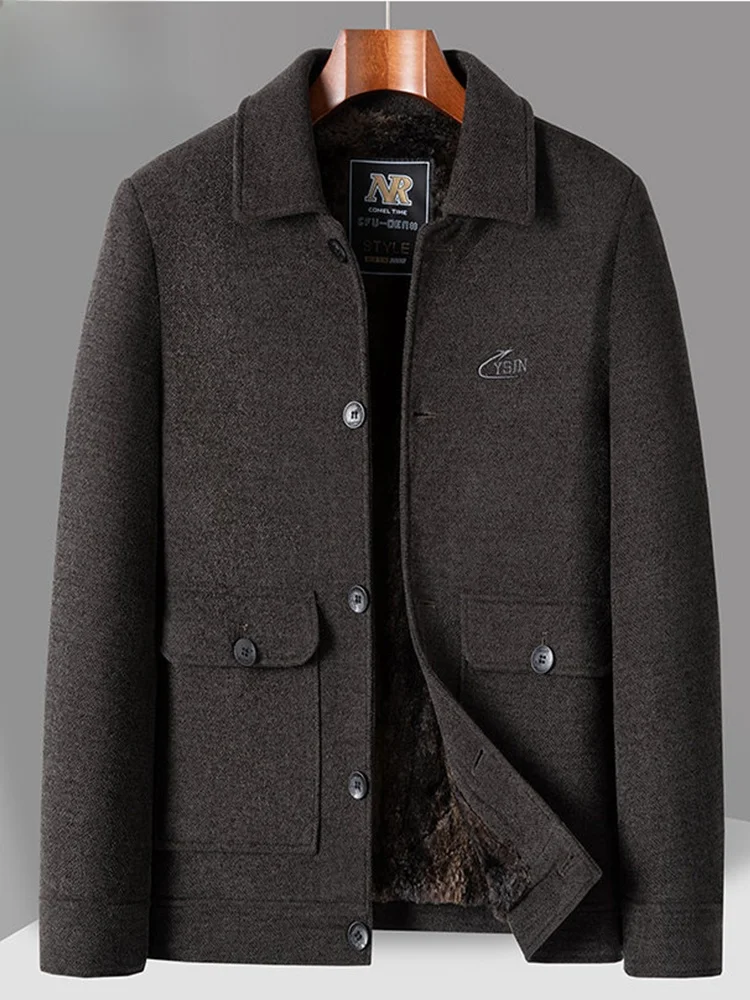 

Thiened Fce Lined Men's Woolen Jaet Casual All-Match Warm Outerwear Stand Fit Long Sve Button Closure Coat