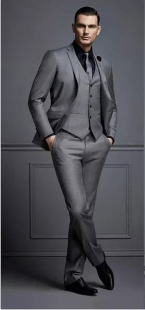 Moda przystojny ciemnoszary męskie garnitury Groom Blazer garnitury ślubne dla najlepszych mężczyzn Slim Fit smokingi dla pana młodego dla człowieka (kurtka + kamizelka + spodnie)