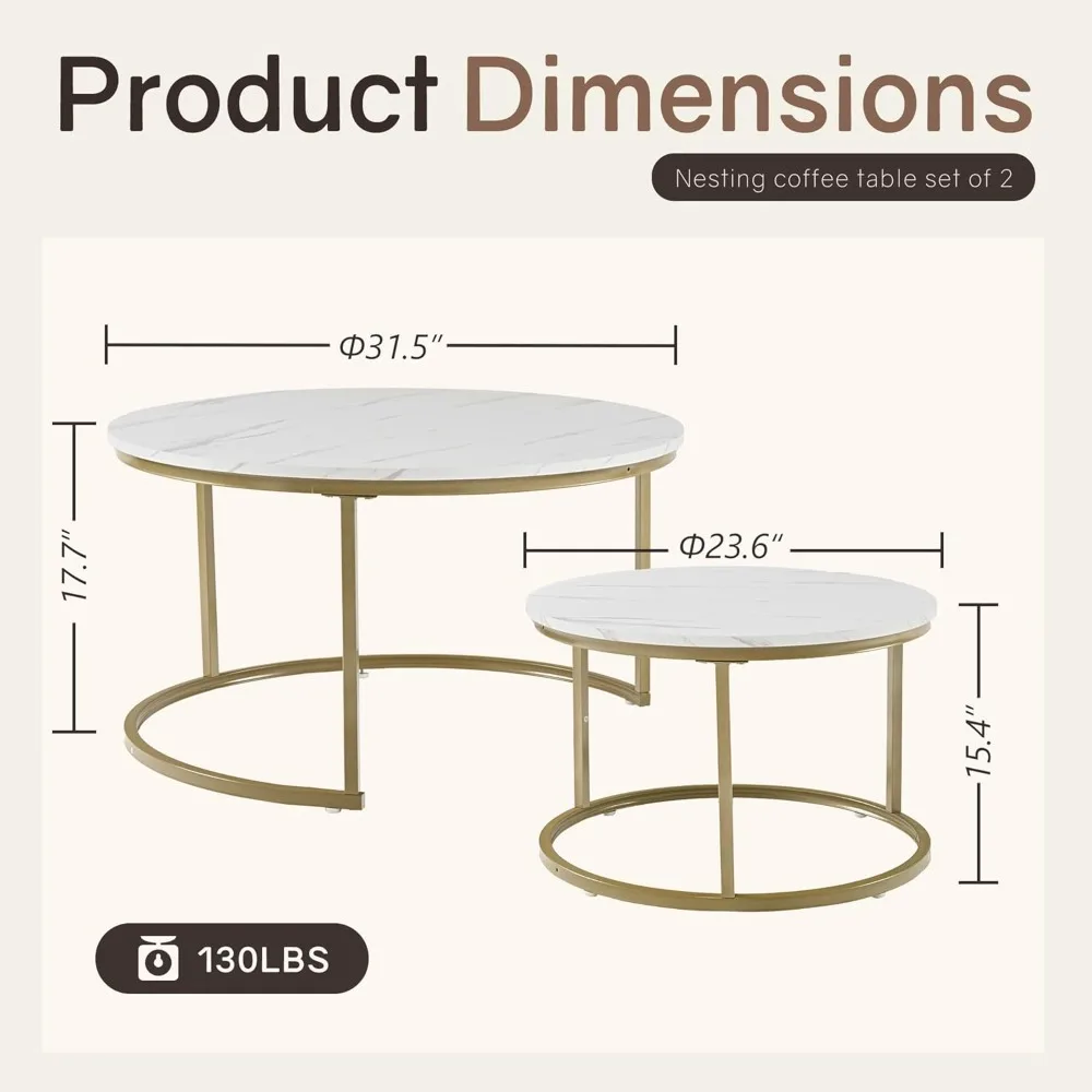 مجموعة طاولات متداخلة مكونة من 2، طاولة قهوة مستديرة 31.5، طاولة قهوة صغيرة متداخلة مع رسوم قابلة للتعديل غير قابلة للانزلاق، سطح من الرخام الأبيض #2