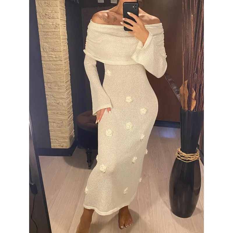 Women Off Shoulder Knitted Long Dresses Elegant Flowers Decoration Slim Beach Dress Summer Fashion Chic Vacation Bikini Cover Up