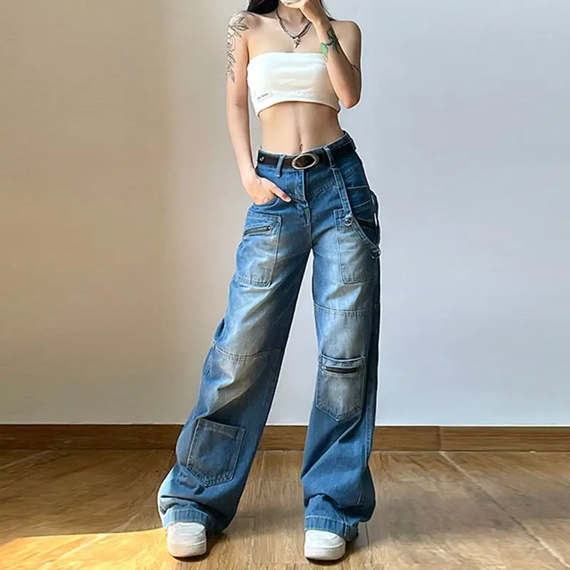 Cargo Jeans With Multi-Pocket Design High-Waisted Retro Women Slimming Loose Wide-Leg Floor-Length Pants Spring And Autumn Pants