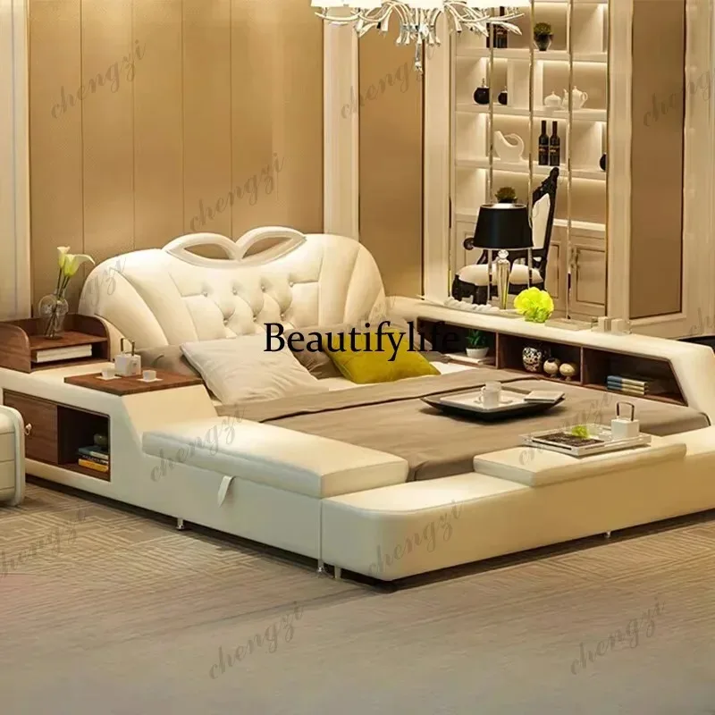 E182 Beige Adult Multi Functional Bed Comforter Luxury Monster Bedroom Double Bed Smart Storage Bedframe Camas