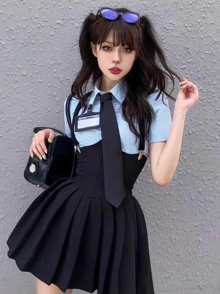 Preppy Style Womens Two Piece Sets Shirt Sexy Outfit High Waist Corset Strap Pleated Skirt Vintage School Uniform Suit Summer