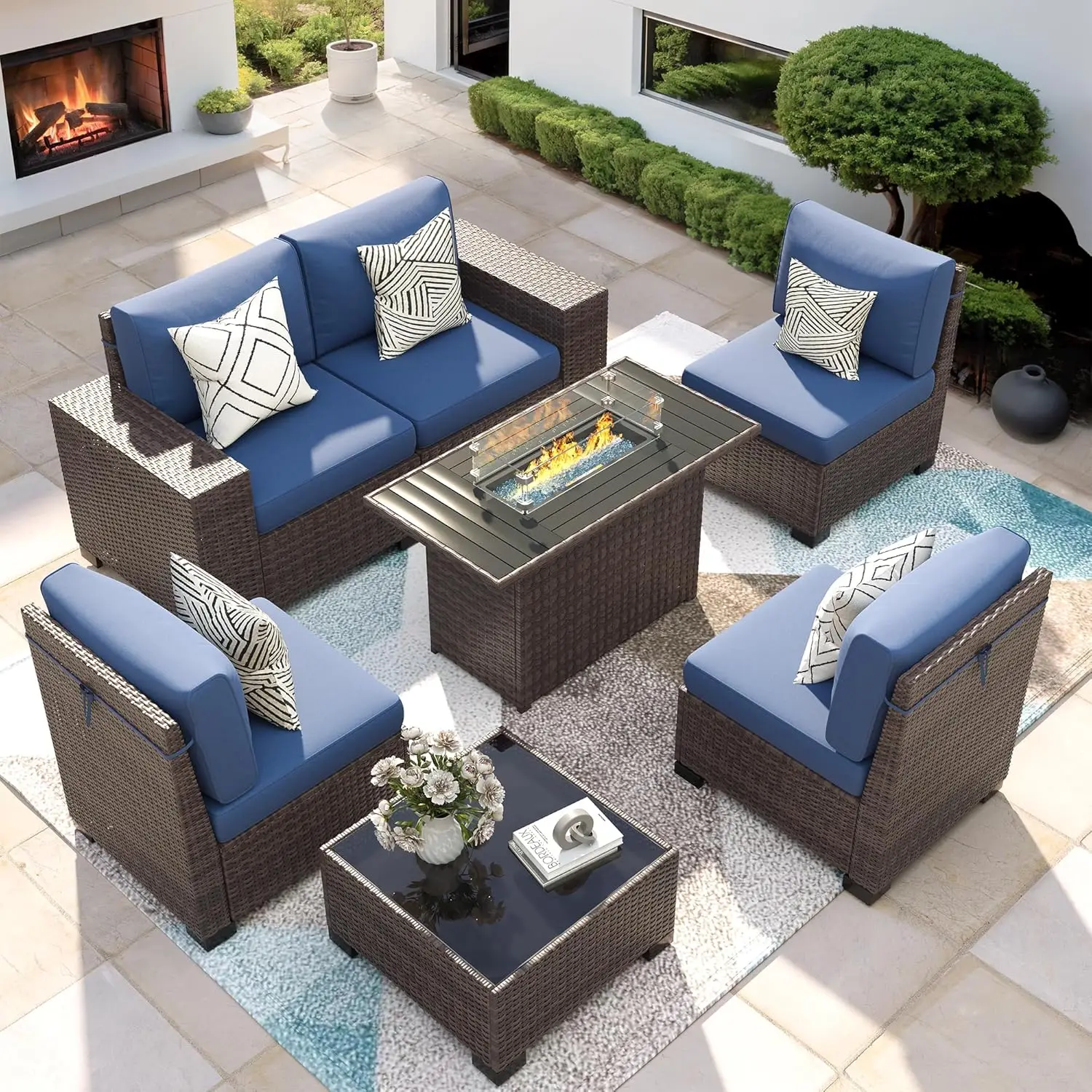 

7 Piece Patio Furniture Set with Fire Pit Table, Outdoor Conversation Sets Wicker Rattan Sectional Sofa with Coffee Table