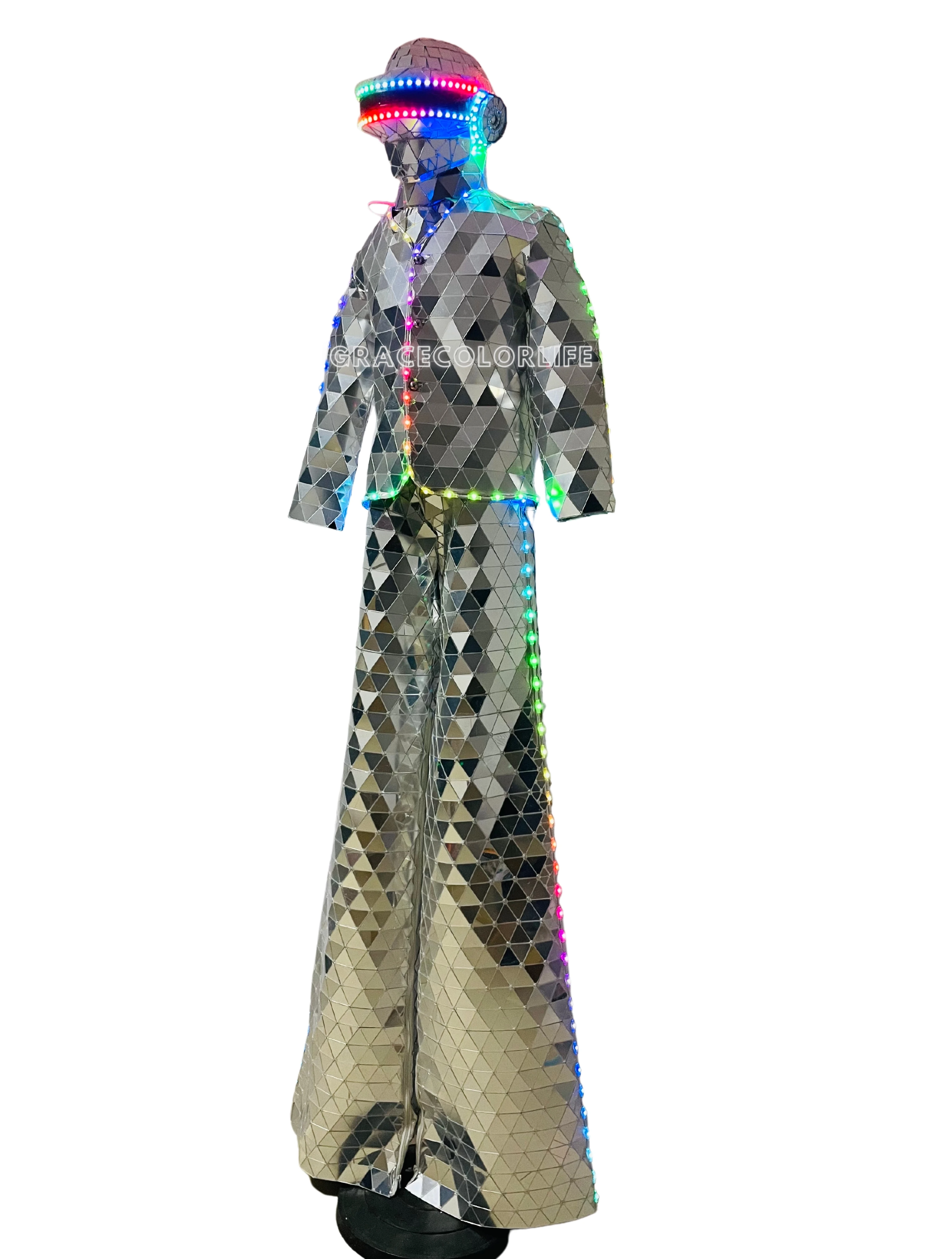 

2023 Mirror Costumes Silver Man Show Suit Hand Sewn LED Stilts Walker Stage Performance Dress Dance Clothing for Party Nightclub