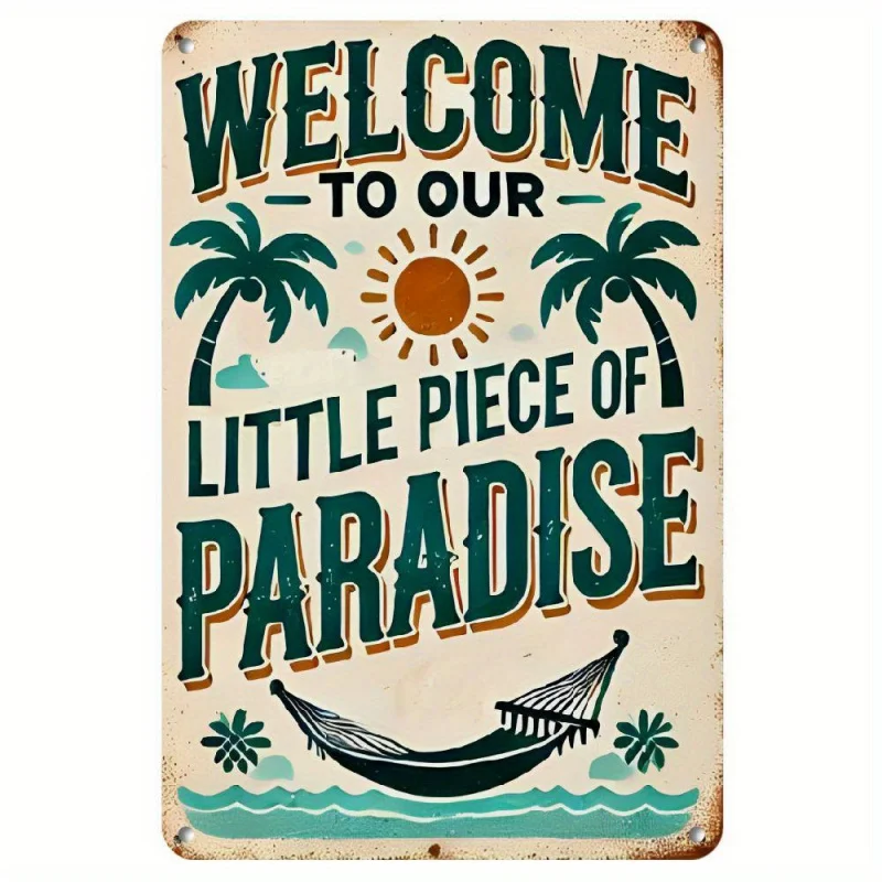 Letrero decorativo de pared de Metal Vintage "Bienvenido al nuestro pequeño trozo del paraíso", diseño Tropical Retro multiusos con palmeras