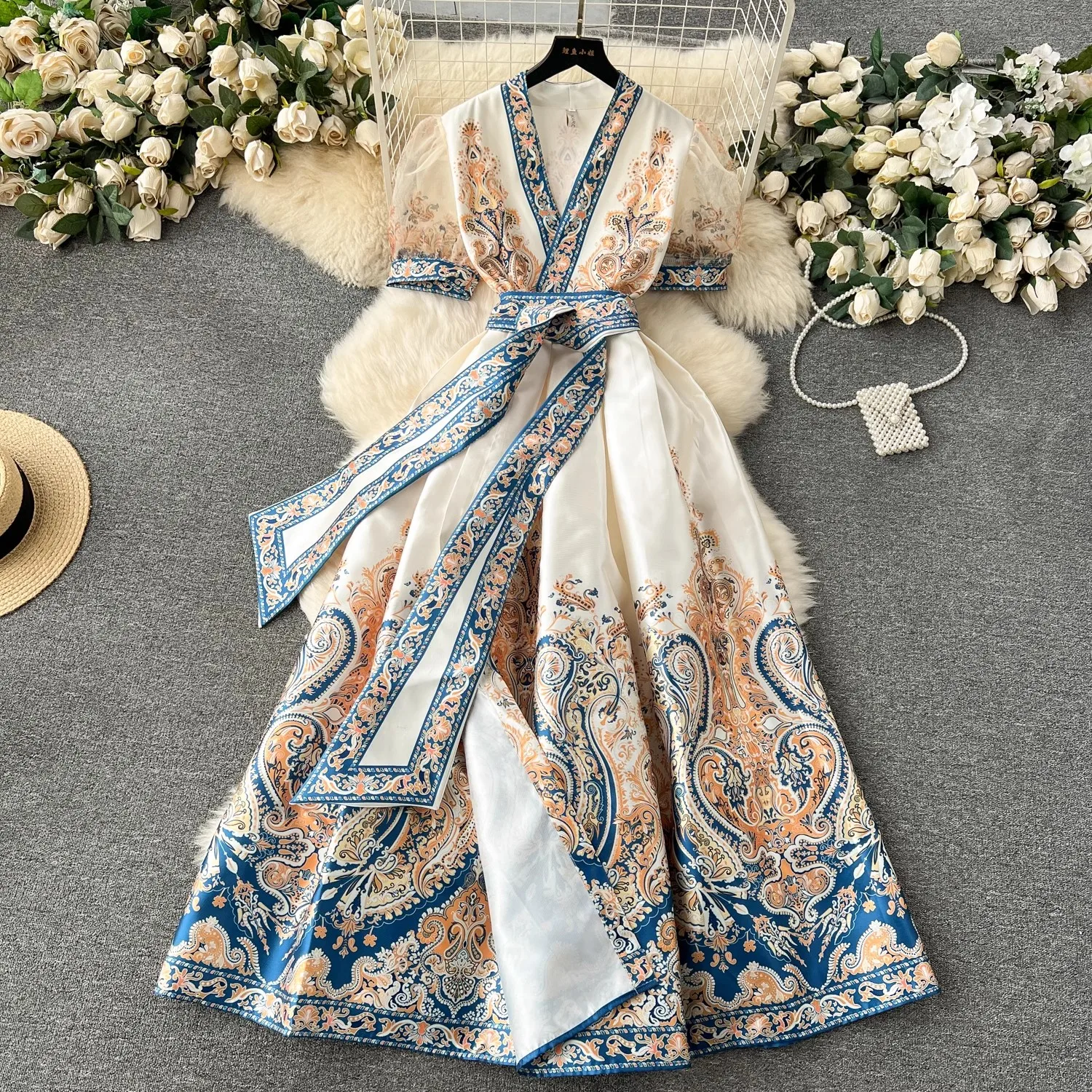 Vestido longo com flores para férias feminino, gola V, manga lanterna, laço com renda, moda casual, elegante vestido boho, verão, novo, 2024