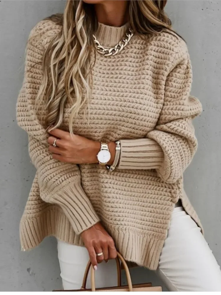 2025 maglione delle nuove donne mezzo collo alto autunno e inverno allentato elegante stile casual a maniche lunghe pullover in tinta unita lavorato a maglia