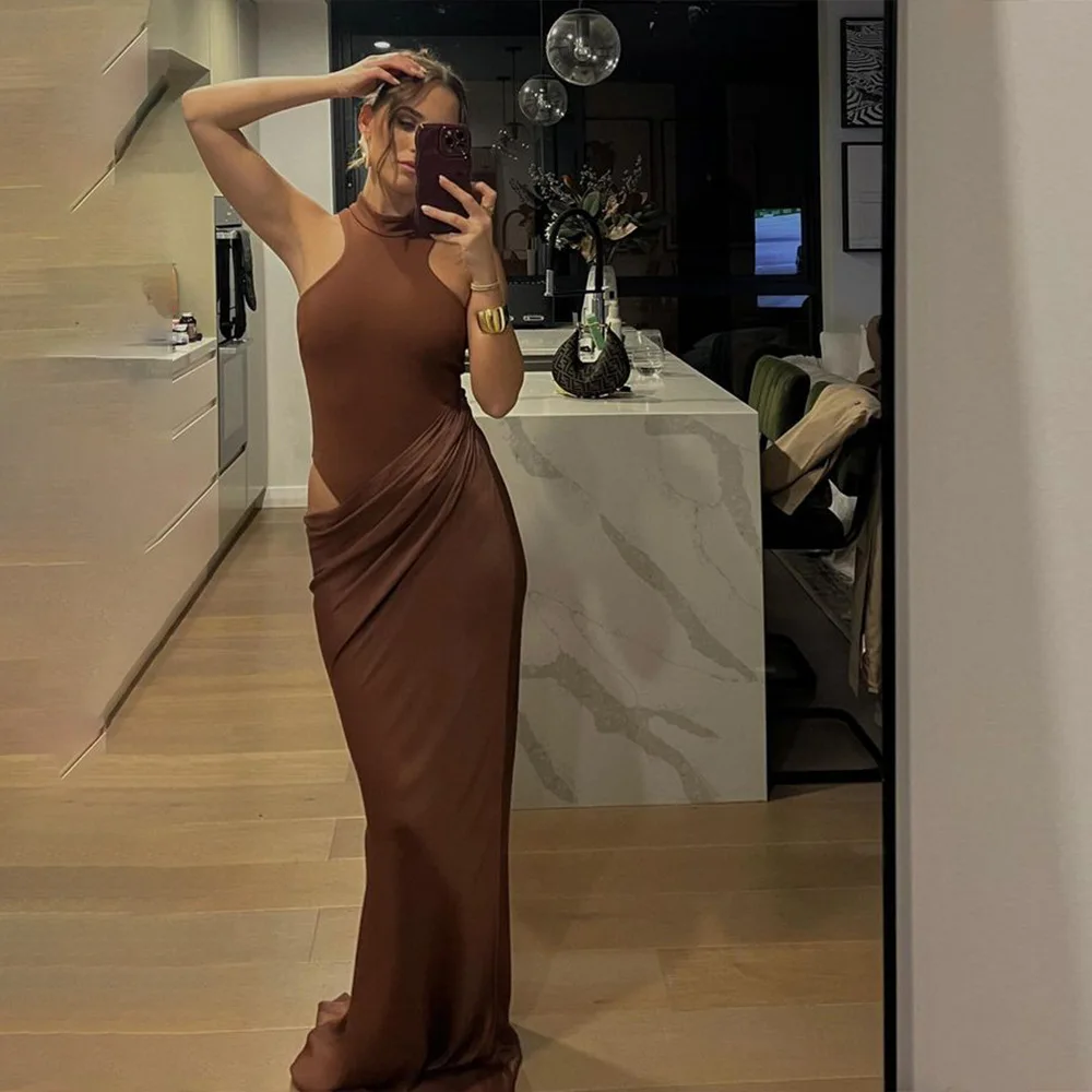 Robe Maxi en Satin pour femmes, Sexy, ajourée, noire, sans manches, taille haute, slim, élégante, tenue de soirée, Clubwear, nouvelle collection automne