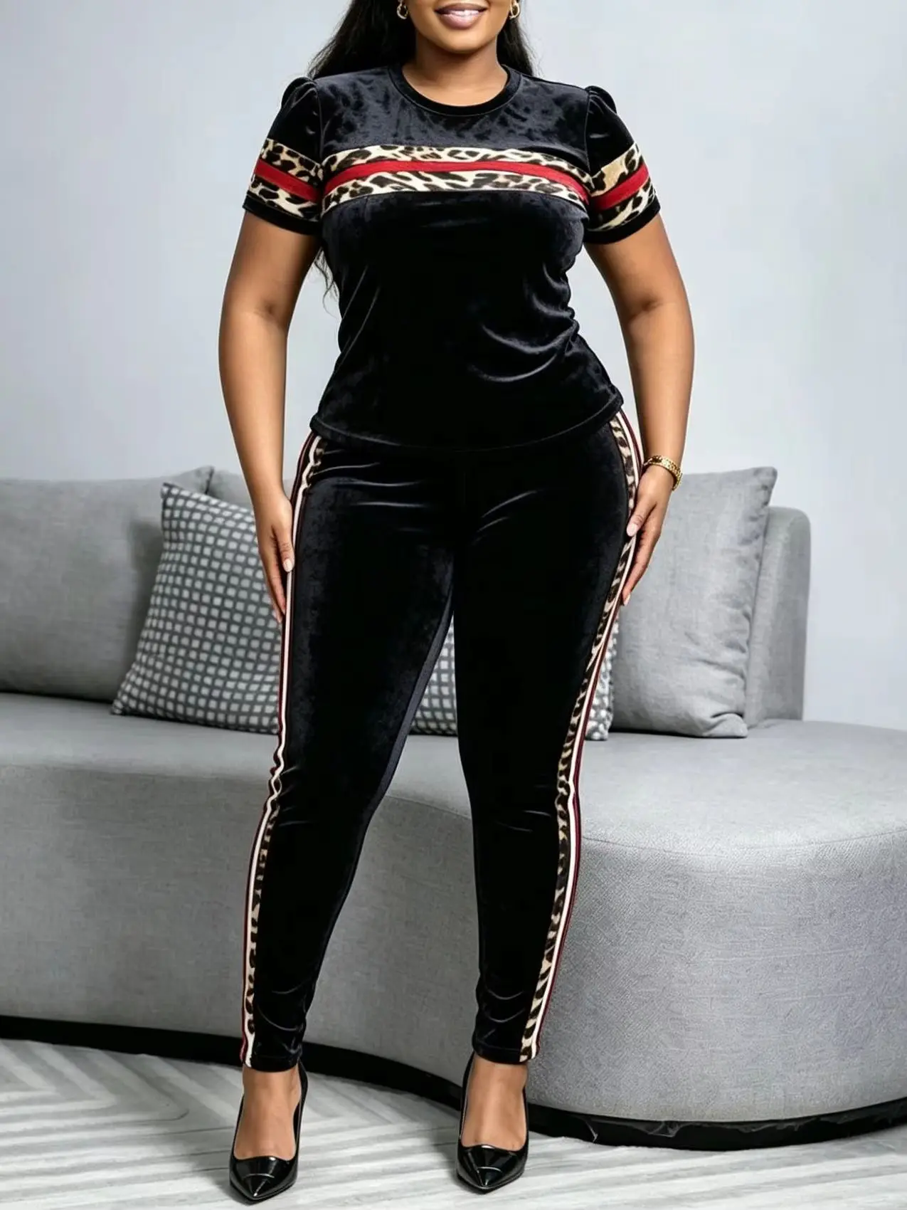 2026 AUTUMN NEW WOMEN VELVET ROUND NECK SHORT‑SLEEVE TOP LEOPARD COLOR‑CONTRAST SLIM‑FIT LONG PANTS TWO‑PIECE SET