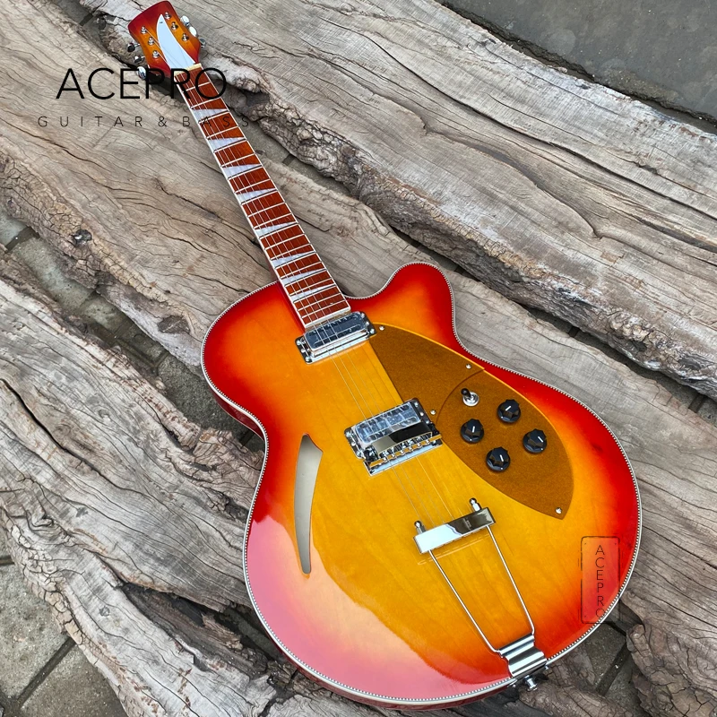 Full Hollow Body 360 370 Electric Guitar,Gold Pickguard, Trapeze Tailpiece, Cherry Burst Color 6 String Guitarra, Free Shipping