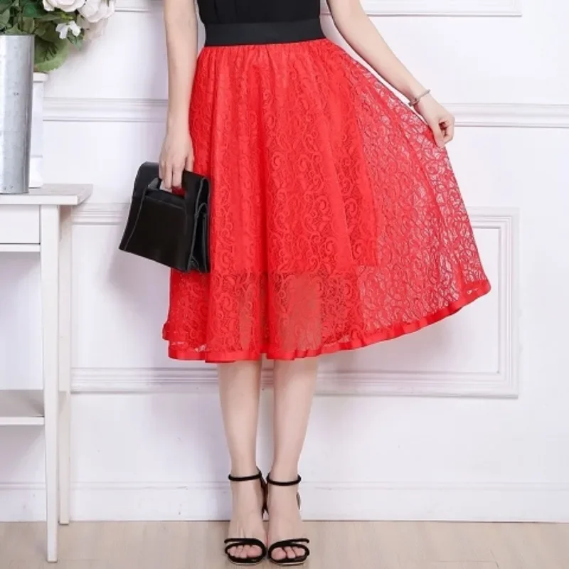 

Skirts Women High Waist Mesh Mid-calf A-line Korean Style Spring Summer Black Lace Elegant Ladies Stylish