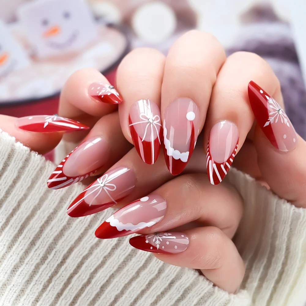 24 Uds. De uñas postizas navideñas de almendra francesa, falkes de nieve, sombrero de Navidad, diseño de lazo, cubierta completa para uñas, yemas de los dedos postizas para Festival de Navidad