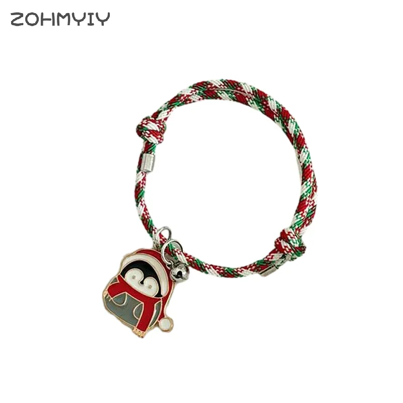 شجرة عيد الميلاد سانتا كلوز الأيائل ثلج البطريق قلادة زوجين سوار مع جرس الإبداعية الكرتون قابل للتعديل عشاق اليد حبل