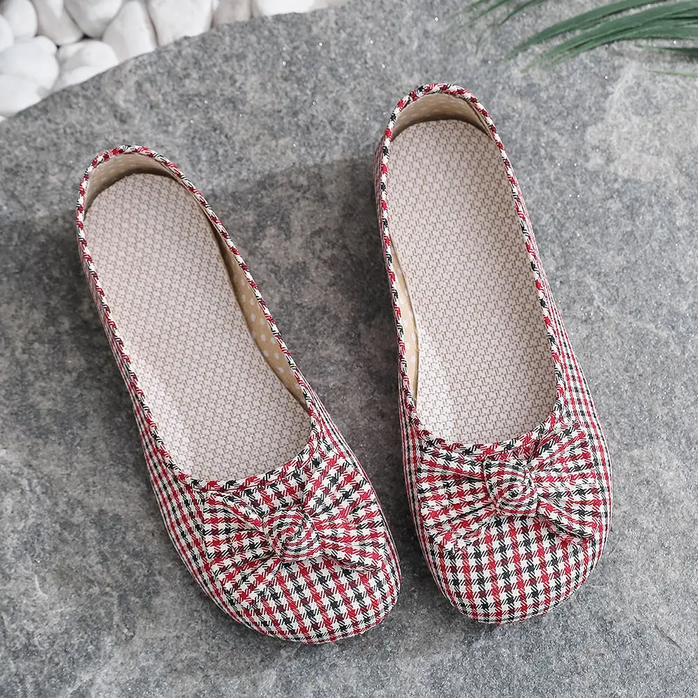 Ladies Shoes Round Toe Red Women Footwear With Bow Flat Designer Daily Routine Offers Stylish High Quality Cotton Original