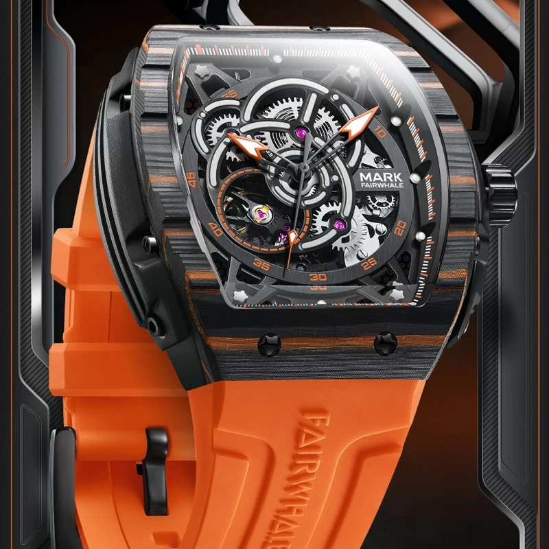 Mark Fairwhale Brand Luxury Carbon Fiber Mechanical Watch Men Sports Silicone Strap Luminous Automatic Tourbillon Watches Mens
