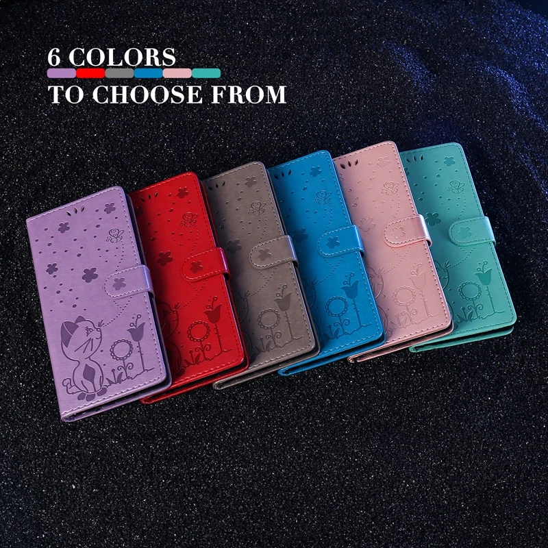 Wallet Cat And Bee Embossed Leather Cover For Redmi Note 12 4G 5G 11 4G 5G 10 5G 10S 10T 9 4G 5G 9T 8T 8 Pro 7 Pro 5 4X Cover