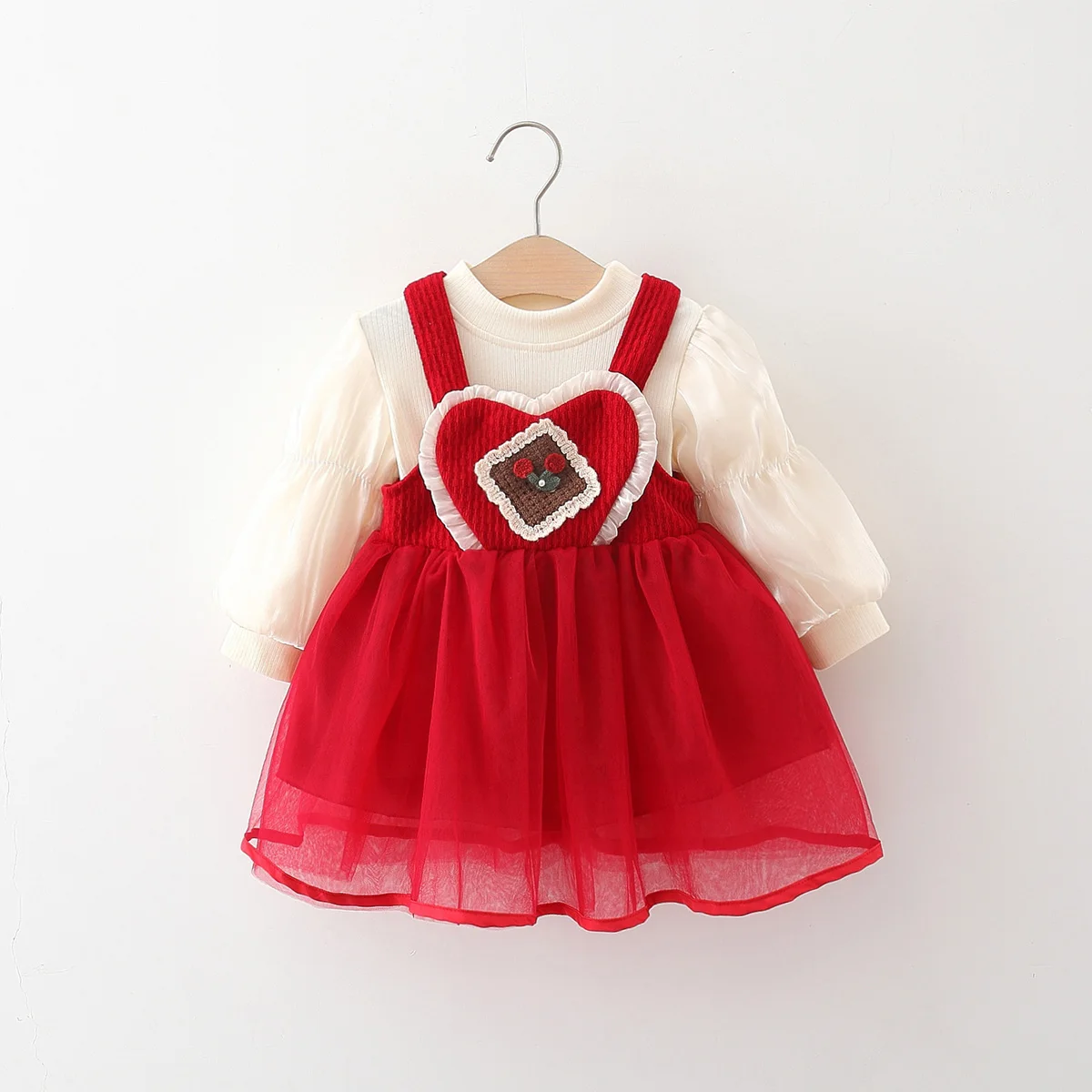 

2Pcs/SetSpring and Autumn New Girl's Flower Strap Strap Yarn Skirt+Bubble Long Sleeve Bottom Shirt Two Piece Set