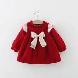 Spring and Autumn Girl Baby Dress Big Bow Spliced Small Flying Sleeve Lace Solid Color Long sleeved Dress