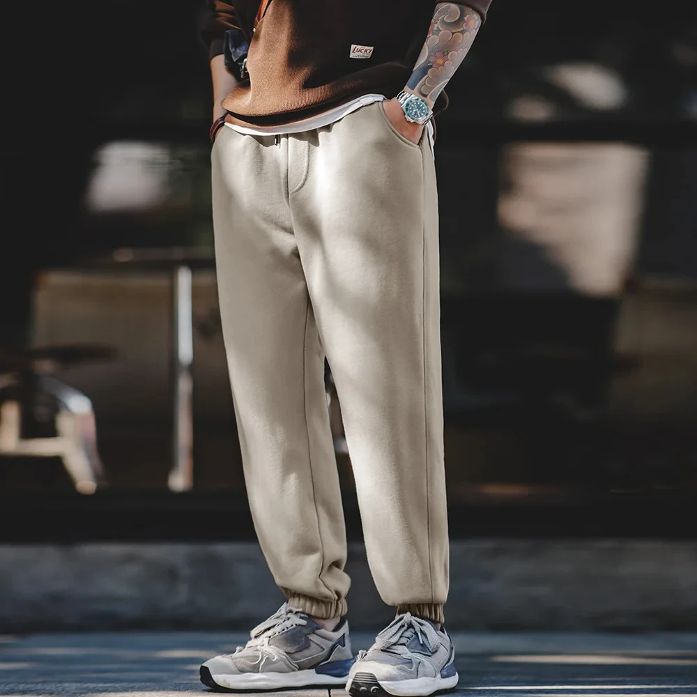 

Maden Men's Fleece-Lined Cuffed Sweatpants Warm Straight-Leg Long Pants Solid Color Casual Drawstring Trousers for Autumn Winter