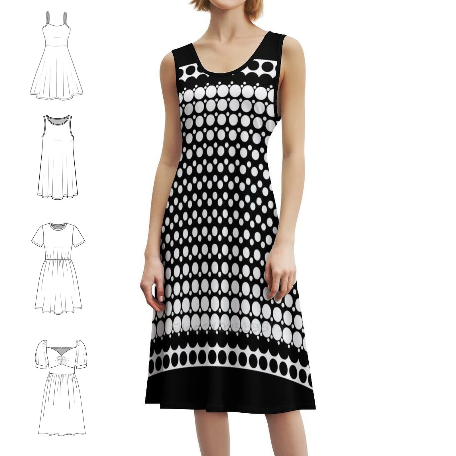 أبيض وأسود البوب النقاط 4 فستان بصدر مفتوح فستان حفلة صيفي أنيق للنساء أبيض وأسود نصف لهجة النقاط البولكا #1