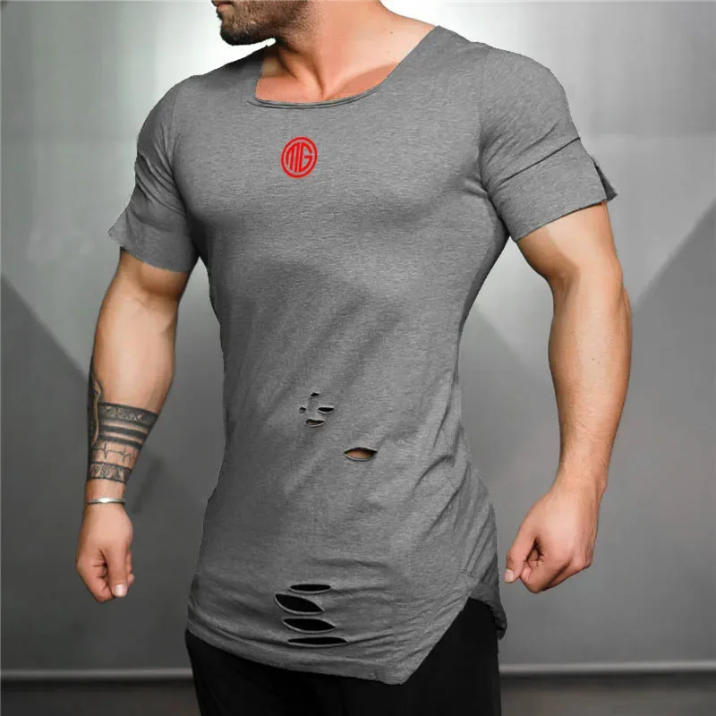 Muscleguys Brand Extend Long T Shirt Men Fashion Vintage Hole Fitness Tshirt Summer Short Sleeve Gyms Slim Fit T-shirt Hip Hop