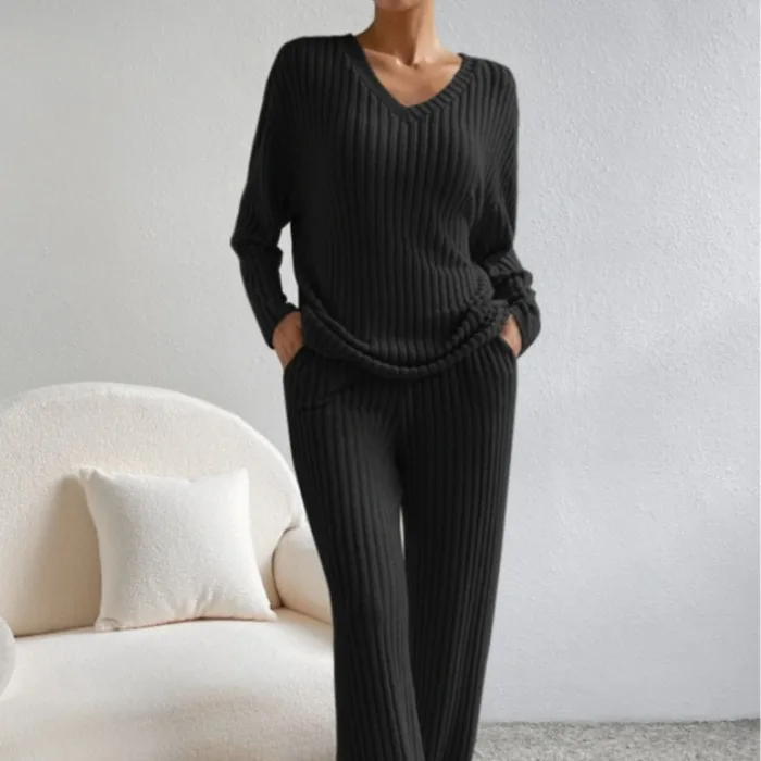 Autumn and Winter Casual V-neck Pocket Striped Knited Tops and Long Trousers Two-piece Sets, Women's Pajamas Set Sleepwear