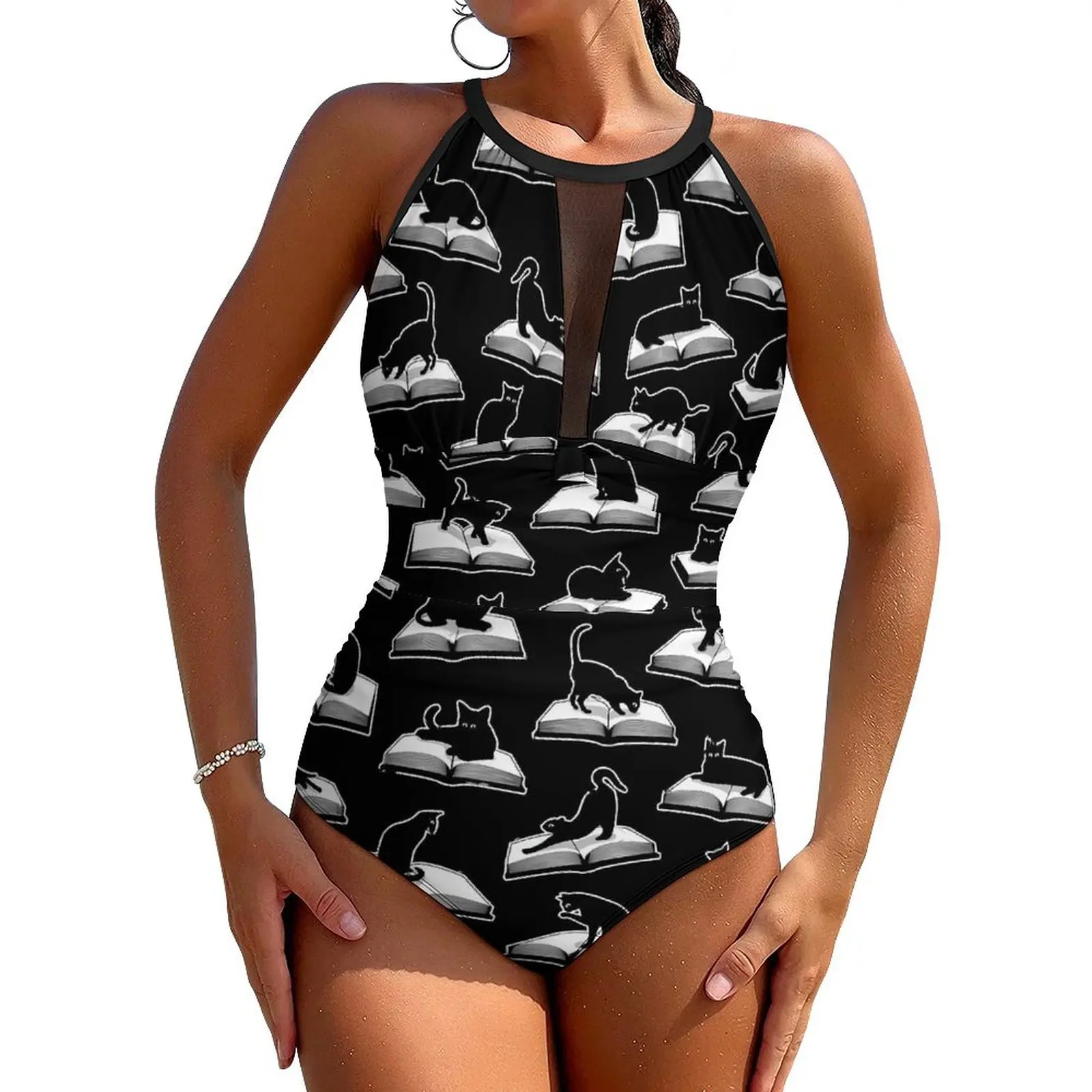 Library Cats Swimsuit Books Print One-Piece Swimwear Push Up Trendy Bathing Suit Sexy Holiday Rave Design Bodysuit