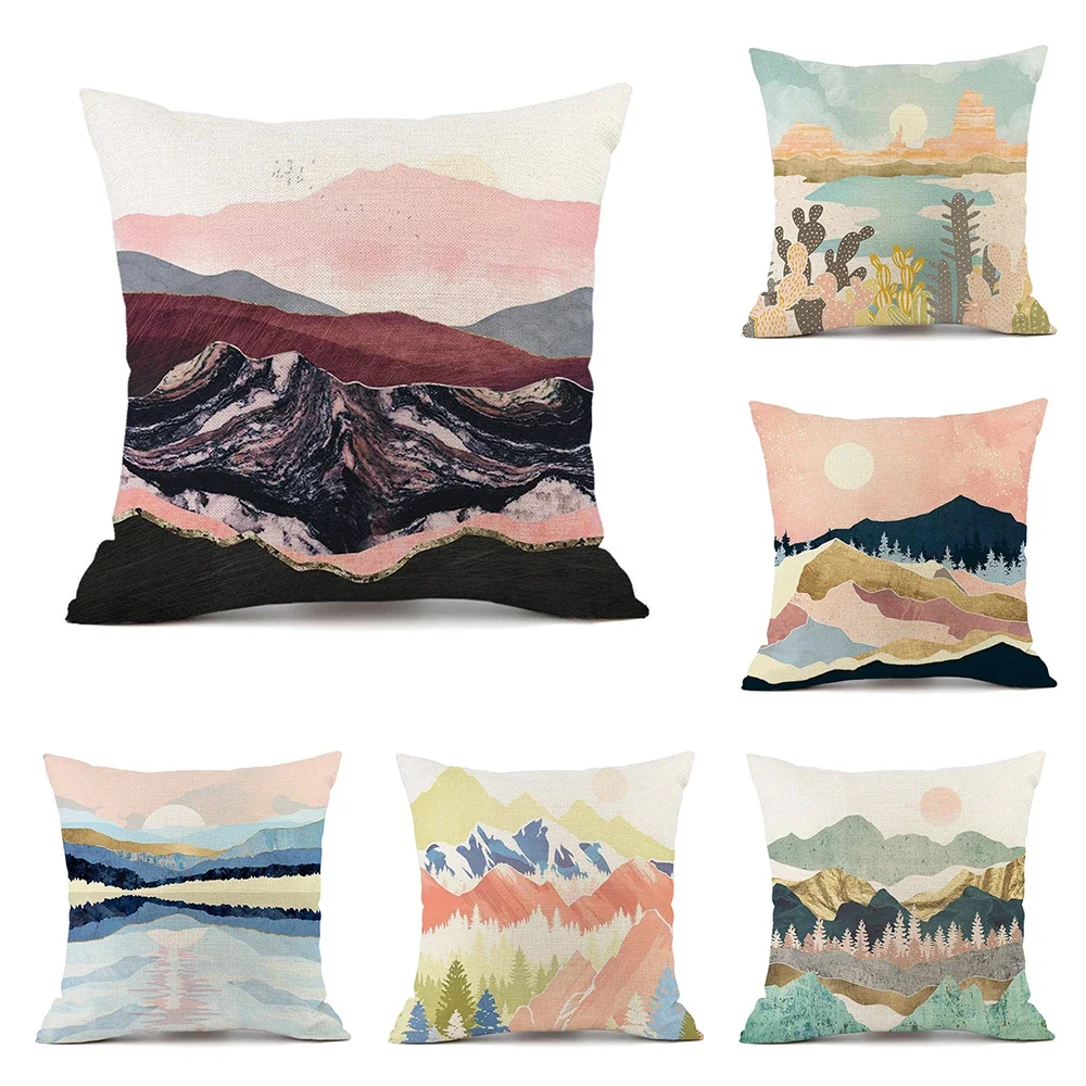 

Abstract Mountain Art Cushion Cover Sunset Cactus Desert Pillow Cover Home Decorative Cushions Covers For Sofa Square Cushions