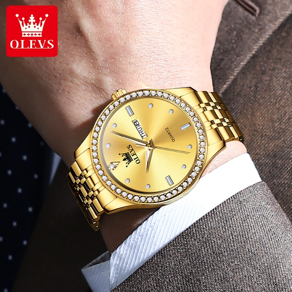 OLEVS Dual Calendar Business Men's Watch Top Luxury Brand Diamond Butterfly Buckle Stainless Steel Waterproof Quartz Men's Watch