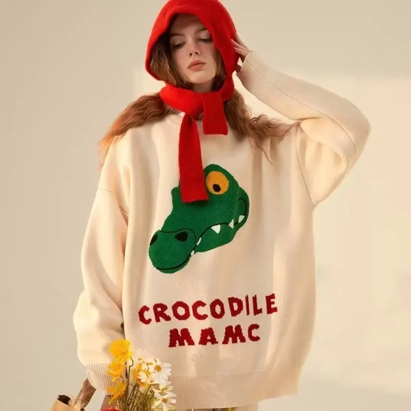 New Women's Sweater Crocodile Pattern Knitted Pullover Casual Sweater korean fashion Oversized Lover Knitted Hip Hop Pullover