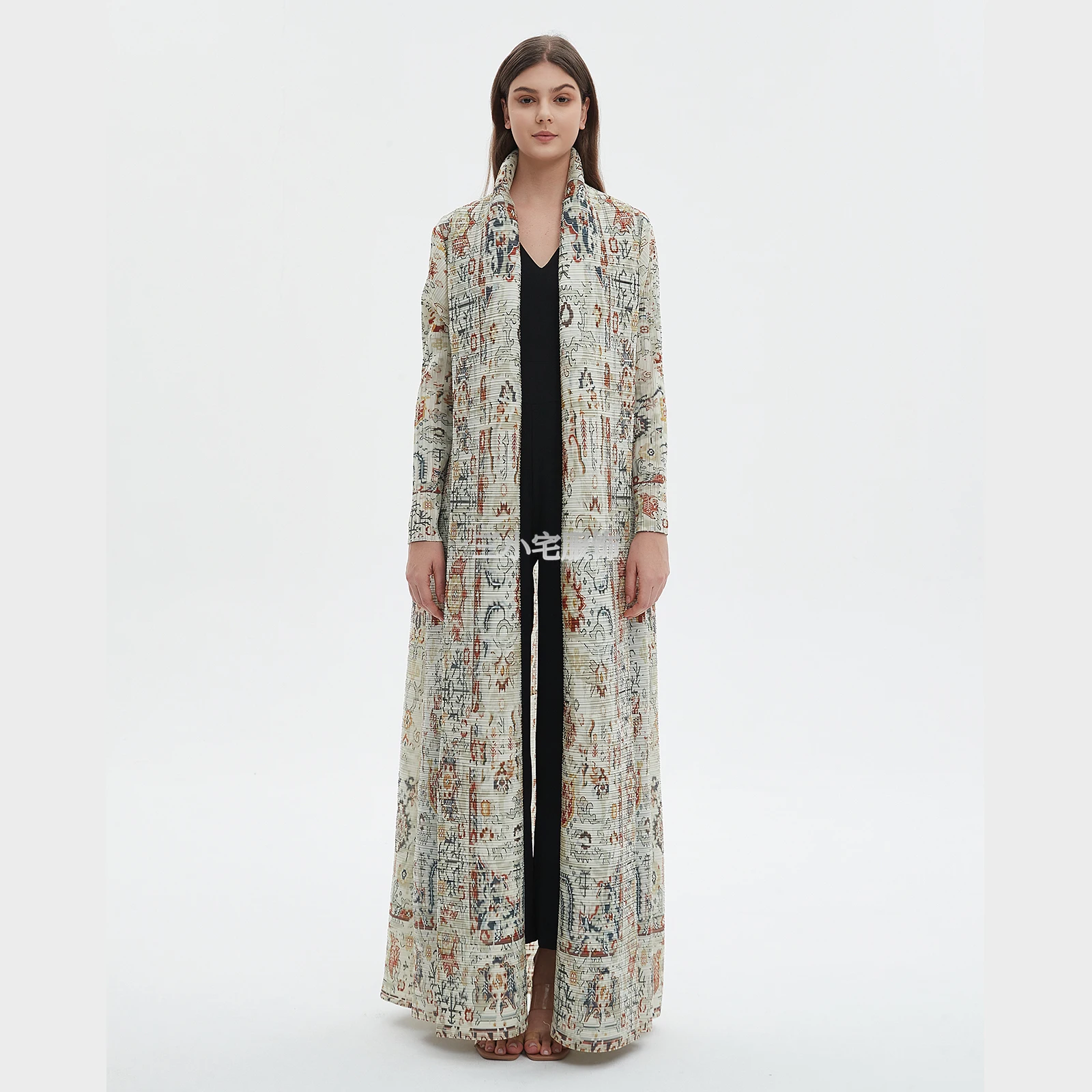 ALSEY Miyake Pleated Women's Robe Nine-minute Sleeve Vintage Printed Cardigan Loose Plus Size Long Arabic Trench 2024 Summer New