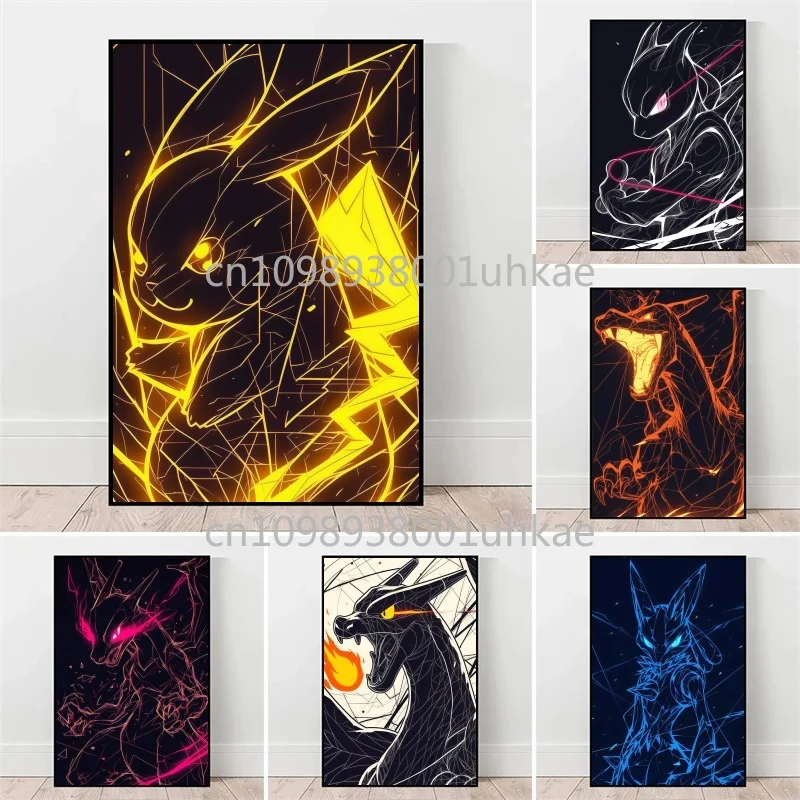 

Anime Pokemon Canvas Painting Pikachu Mewtwo Gengar Charizard Black and White Style HD Picture Line Art Painting Children's Gift