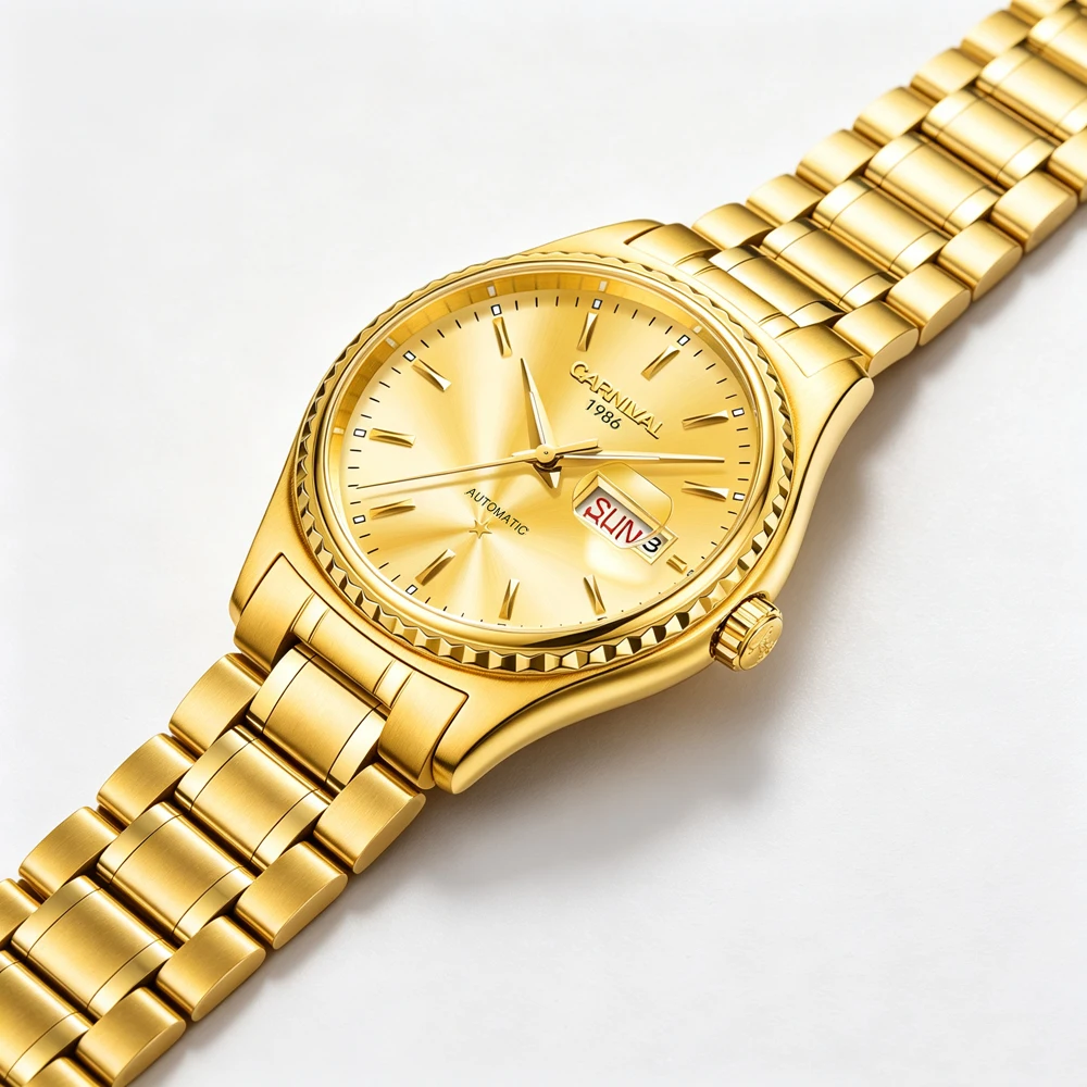 CARNIVAL Men Automatic Watch Full Gold Sapphire Crystal Dial Day Date MIYOTA Mechanical Luxury Business Male Wristwatch Reloj