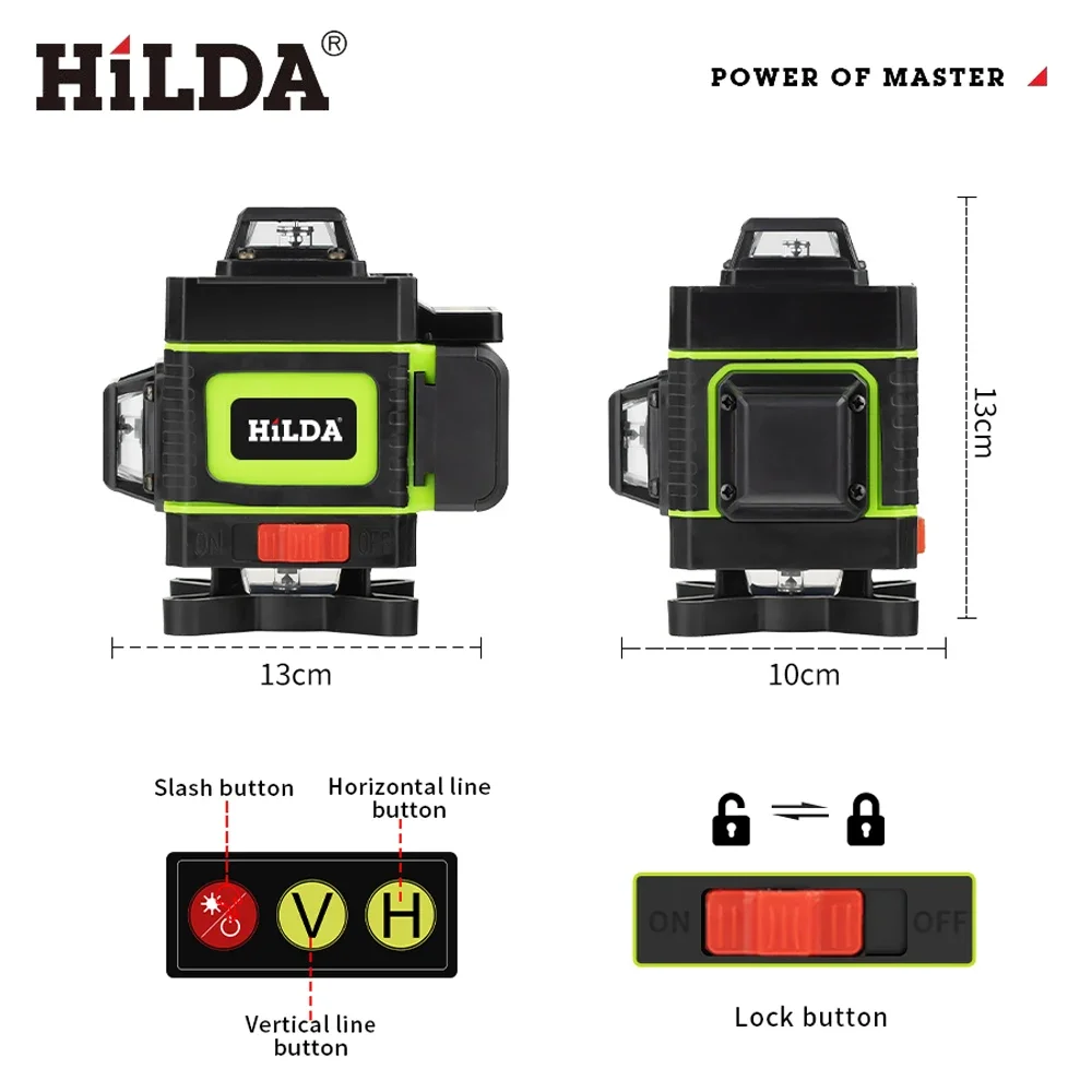 HILDA 16 Lines Green 4D Laser Horizontal 360 Self Leveling Vertical And Horizontal Ultra Strong Green Light Beam Laser Level