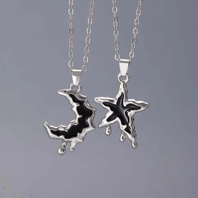 Punk Black Star Moon Pendant Necklaces For Women Men Gothic Hip Hop Metal Irregular Lava Clavicle Chain Necklace Jewelry Gifts