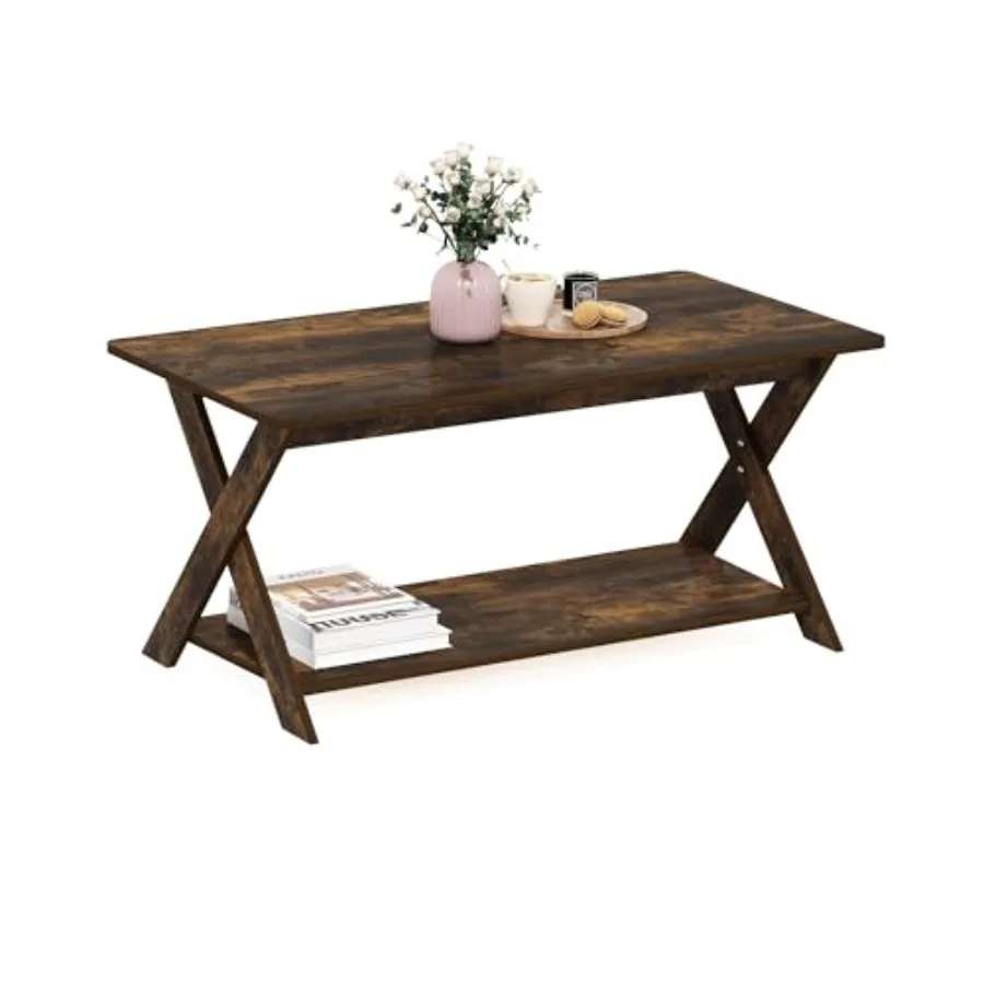 

Modern Simplistic Coffee Table, 2-Tier Rectangle Modern Coffee Table with Open Shelf and X-Legs, Criss-Crossed Side Table, for