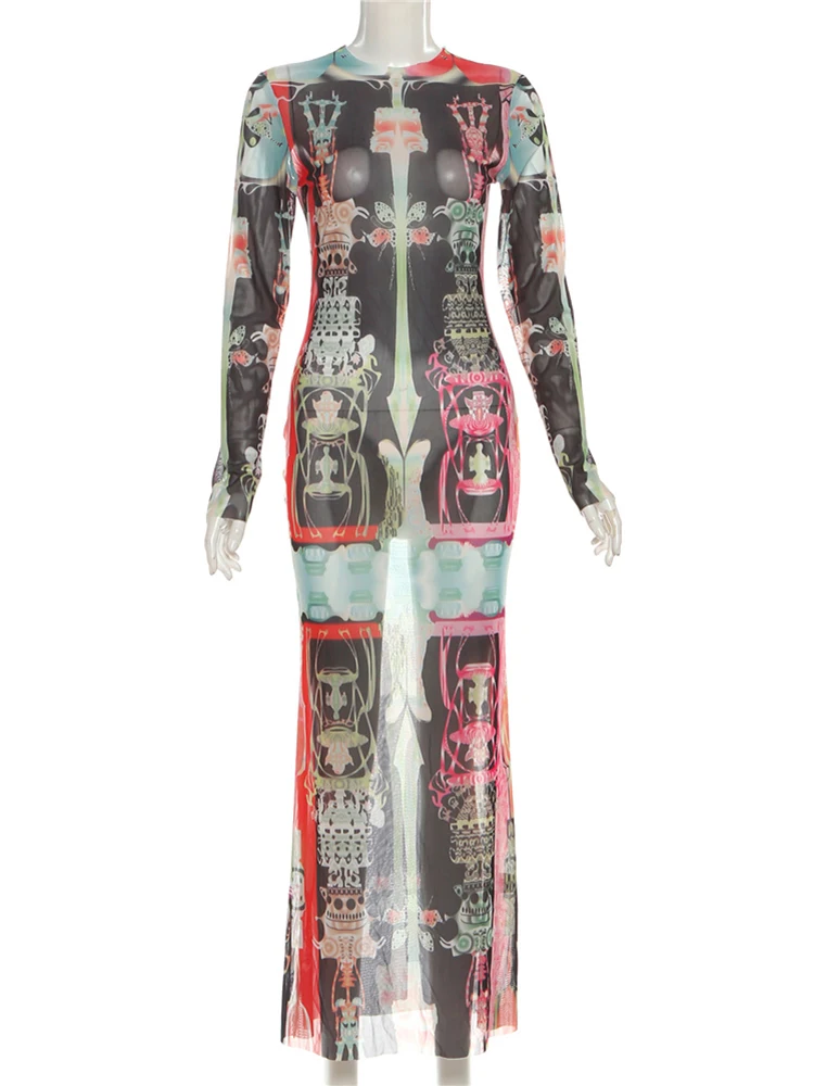 Kliou – robe longue à imprimé coloré pour femme, Sexy, transparente, col rond, manches longues, slim, extensible, soirée en boîte de nuit, Hipster