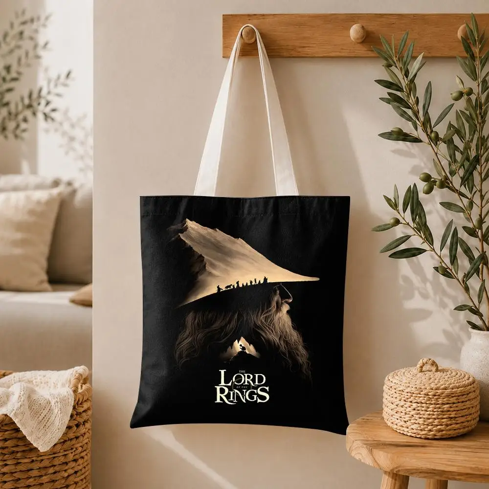 The L-Lord of the R-Rings Storage Bags Large Canvas Tote Bag Double-Sided Print Reusable Shoulder Handbag for Daily Shopping