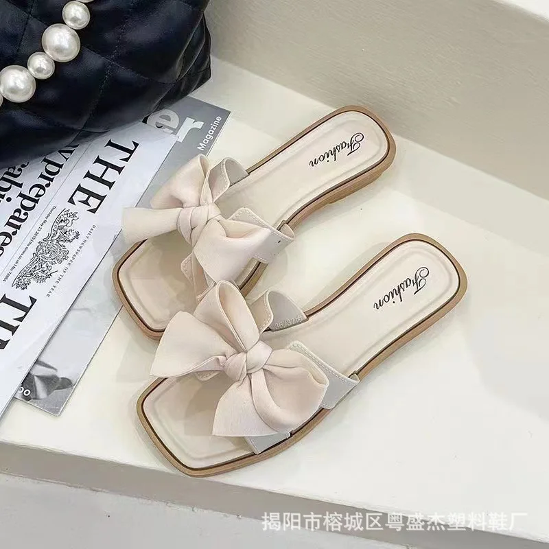 2024 New Bow Slippers for Women\'s Summer Outwear Fashion Home Flat Bottom Anti slip Fairy Style Slippers Luxury women\'s shoes