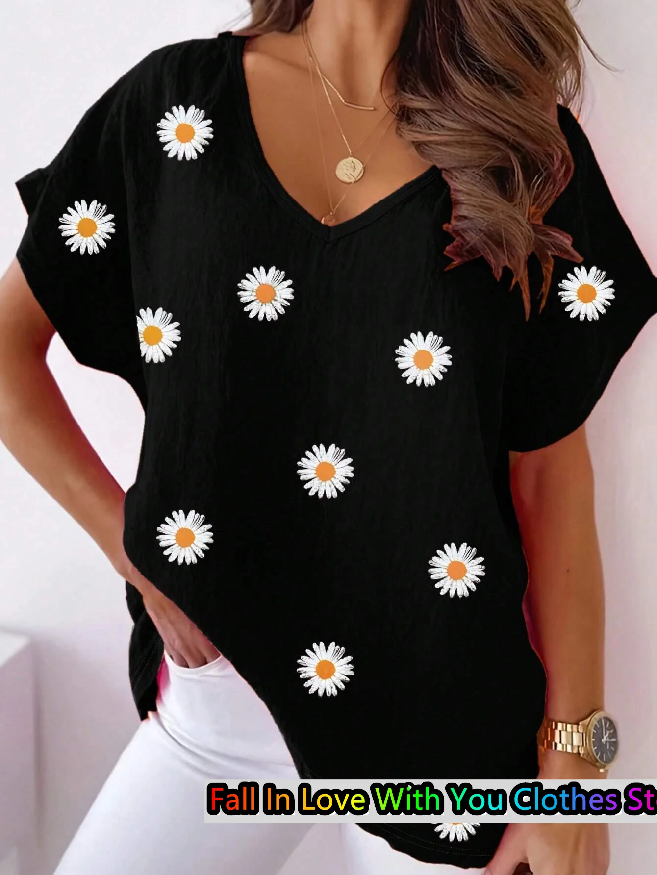 Damen-T-Shirt mit Gänseblümchen-Motiv, lässig, V-Ausschnitt, kurzärmelig, Sommermode, lässig, locker, übergroß, Tops, tägliche Damenbekleidung