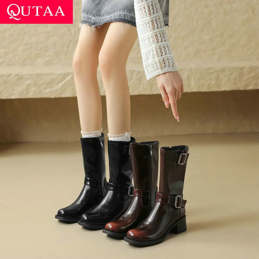 QUTAA 2024 Women Mid Calf Boots Autumn Winter Genuine Leather Zipper Retro Office Lady Thick Med Heels Shoes Woman Size 34-42