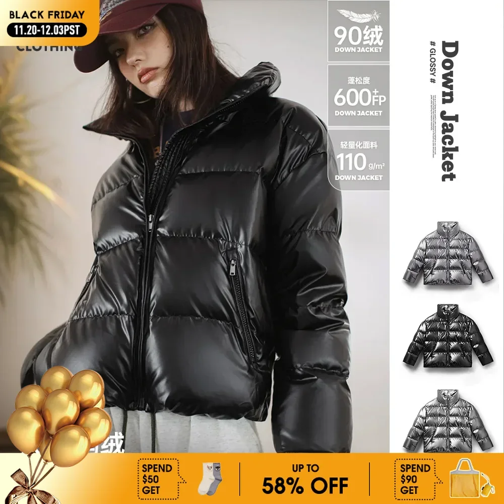 

Maden Casual Shiny 90% White Duck Down Jacket Short Stand-up Collar Warm Puffer Jacket for Women Fall and Winter Thickened Coat