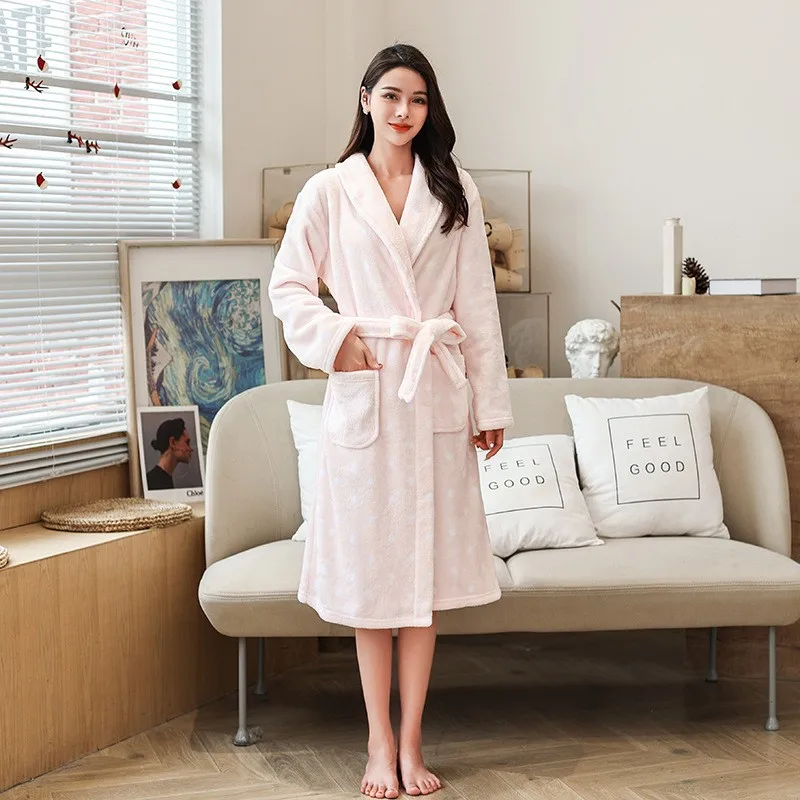 Winter Long Bathrobe Women Fluffy Warm Ladies Bath Robe With Sashes Soft Kimono Dressing Gown Pink Comfortable Sleepwear Female