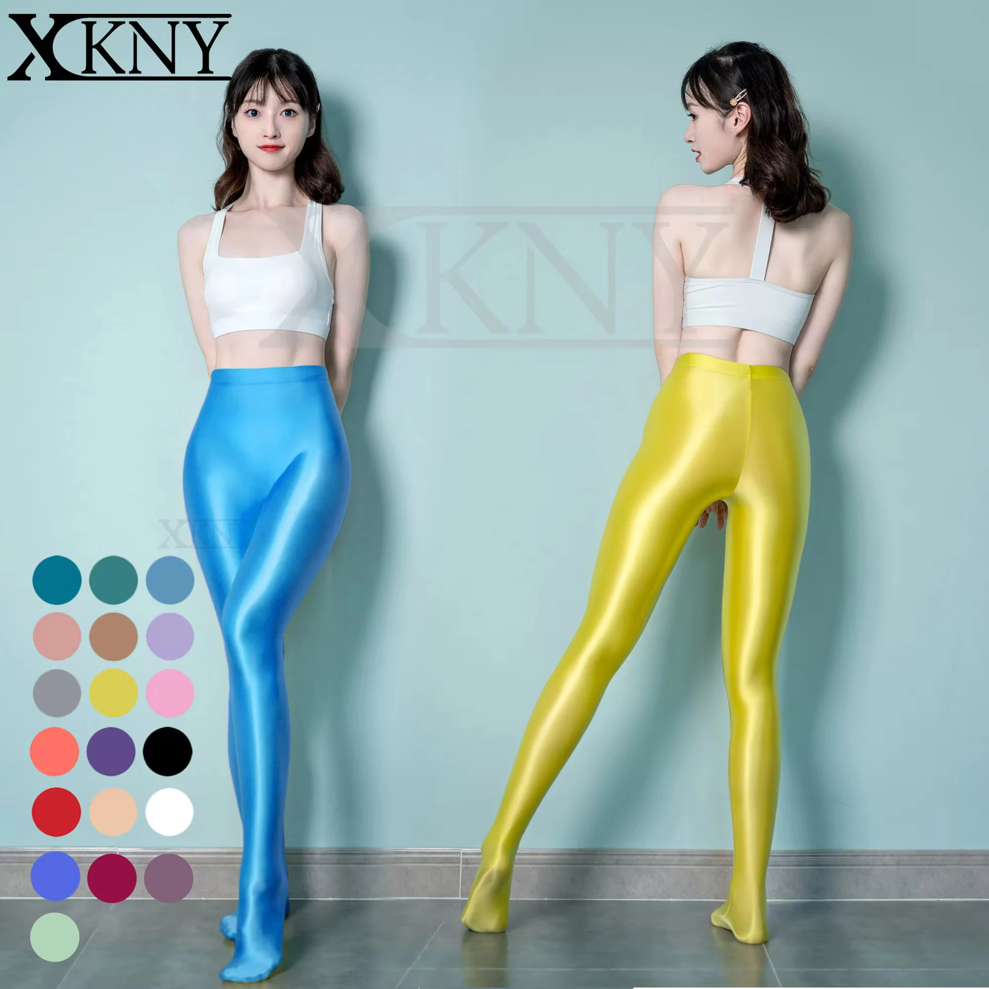 XCKNY satin silky Seamless front crotch opaque pantyhose shiny wet look tights slim high yoga swim sport glossy pants