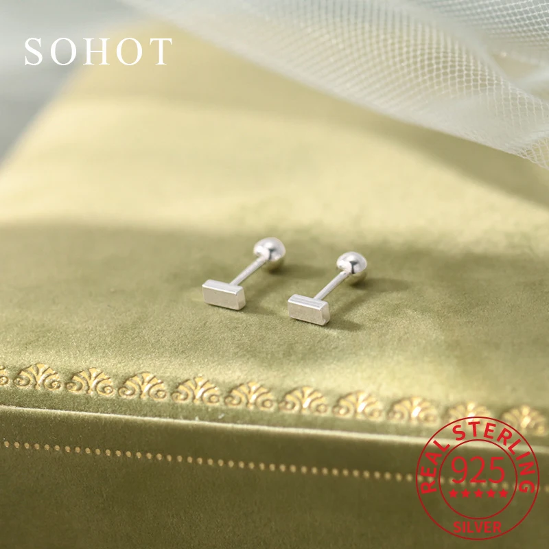 

Real 925 Sterling Silver Geometric Square Piercing Screw Bead Mini Stud Earrings for Women Minimalist Fine Jewelry Accessories