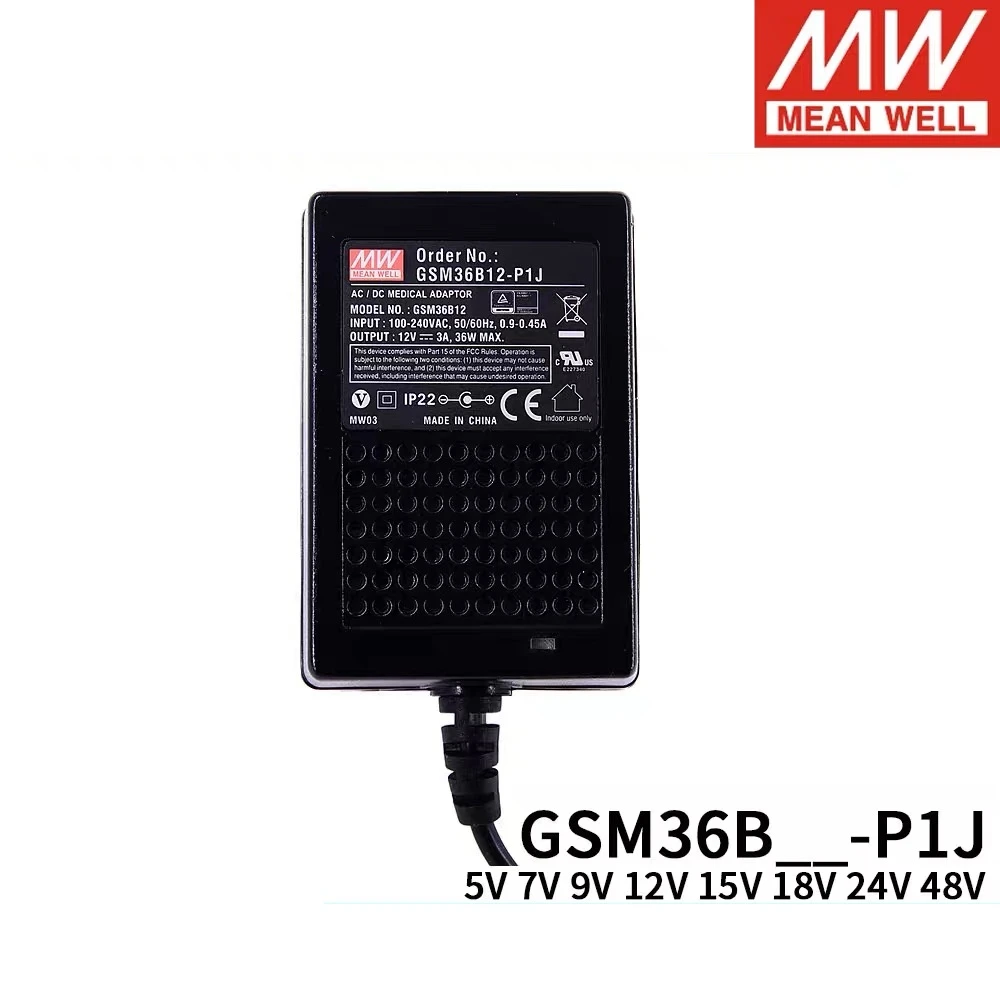 MEAN WELL GSM36B05-P1J GSM36B07-P1J GSM36B12-P1J GSM36B18-P1J GSM36B24-P1J Medical Adapter Power Supply 36W AC-DC medical type