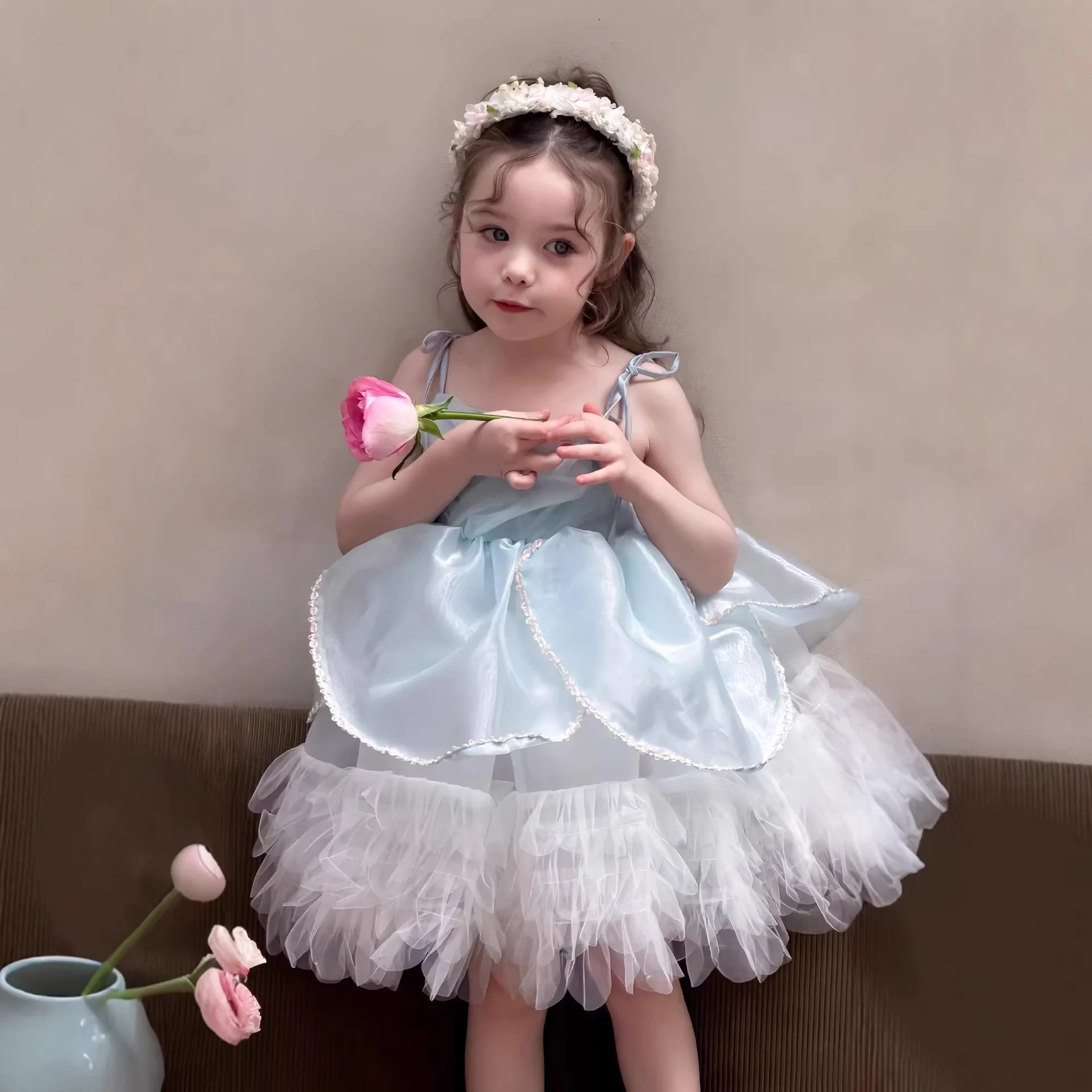 Girls Blue Princess Dress 2026 Summer Fashion New Childrens Birthday Dress Little Girl Puffy Tulle Dress Performance Outfit