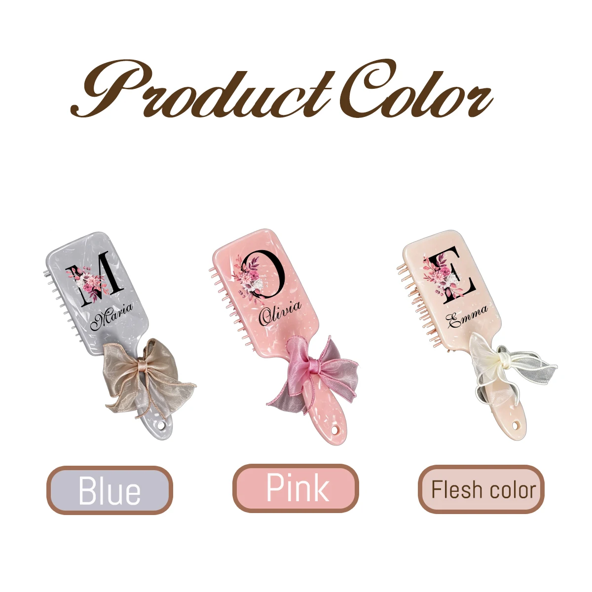 Custom Name Marble Pattern Cushion Hair Brush & Claw Clip Set, Elegant Floral Initial Hair Accessory For Vanity, Cushion Comb
